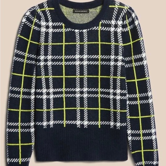 Banana Republic Aire Puff-Sleeve Sweater, Navy & Chartreuse Plaid, XL - Picture 4 of 8